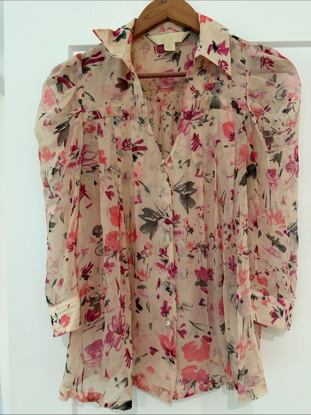 Sheer Floral Button-Front Blouse - Pink Floral